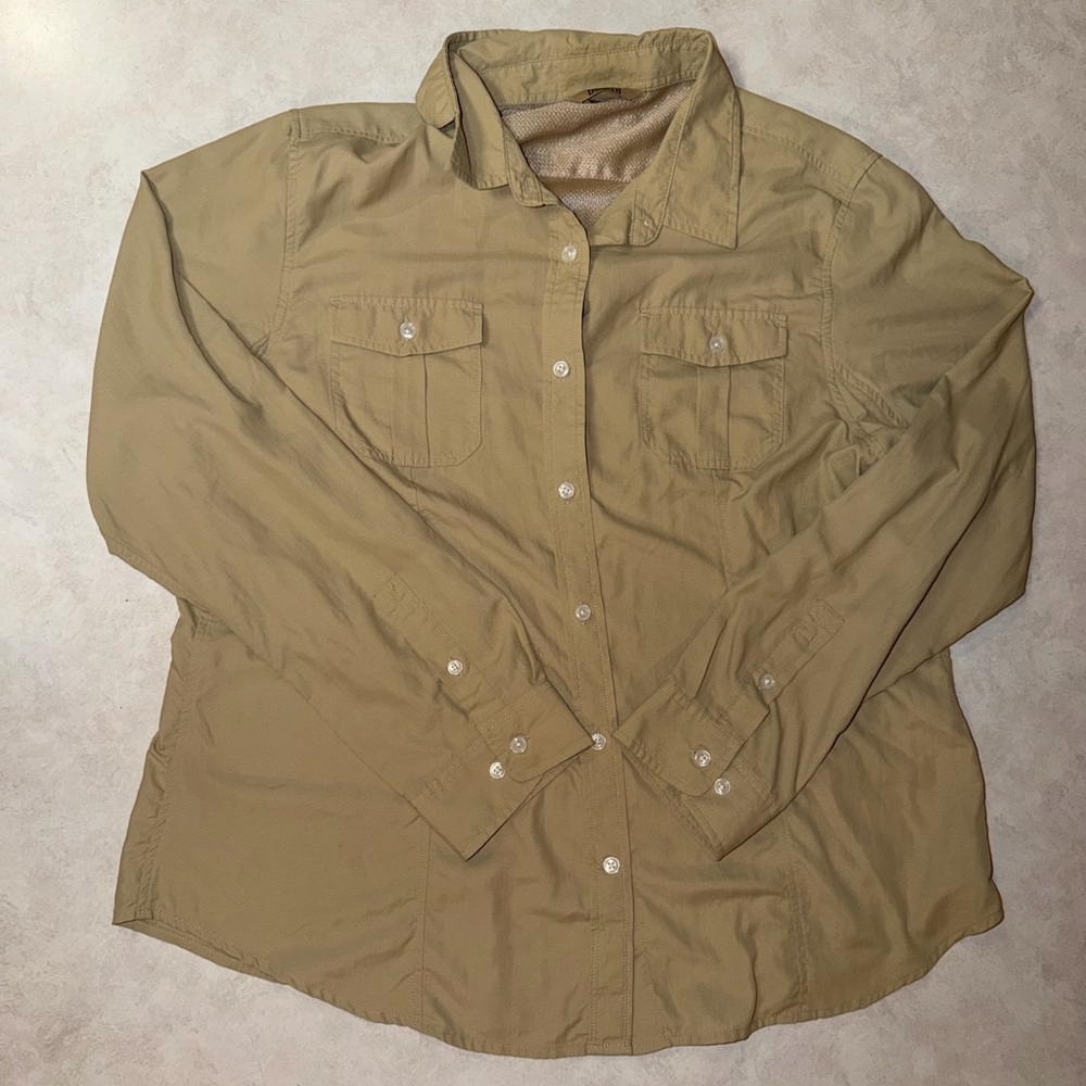Duluth Trading Company Button Down Long Sleeve Shirt Women Size XL Khaki EUC